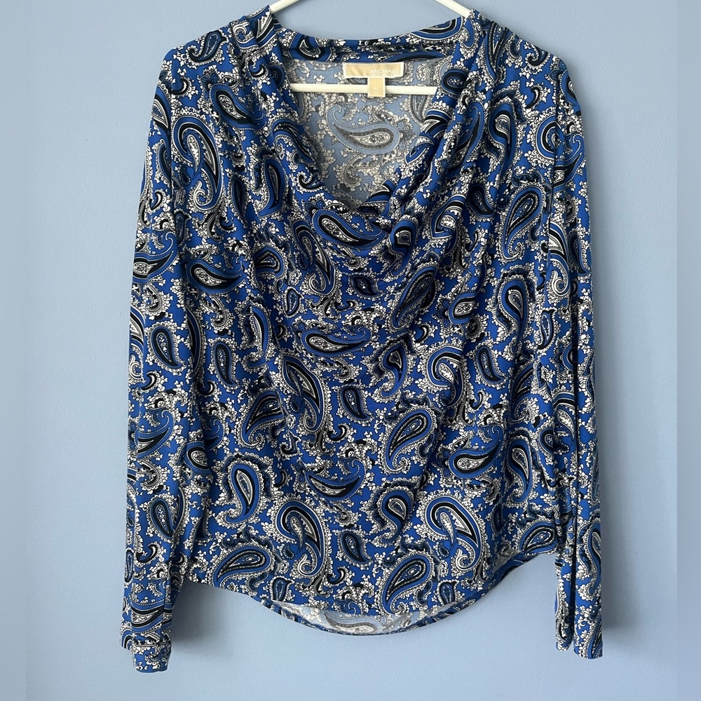 Michael Kors Blue Paisley Cowl Neck Long Sleeve Blouse XL